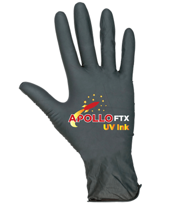 Nitrile gloves, Apollo FTX UV Ink toxicology certified as safe ASTM D 4236 (LHAMA – 16 CFR 1500.14)