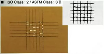 Cross-hatch adhesion test specimen rated ISO Class 2 / ASTM Class 3B: flaking along the cut edges and at the lattice intersections.