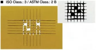Cross-hatch adhesion test specimen rated ISO Class 3 / ASTM Class 2B: the coating has flaked away along the cuts in ribbons and whole squares are partly detached.